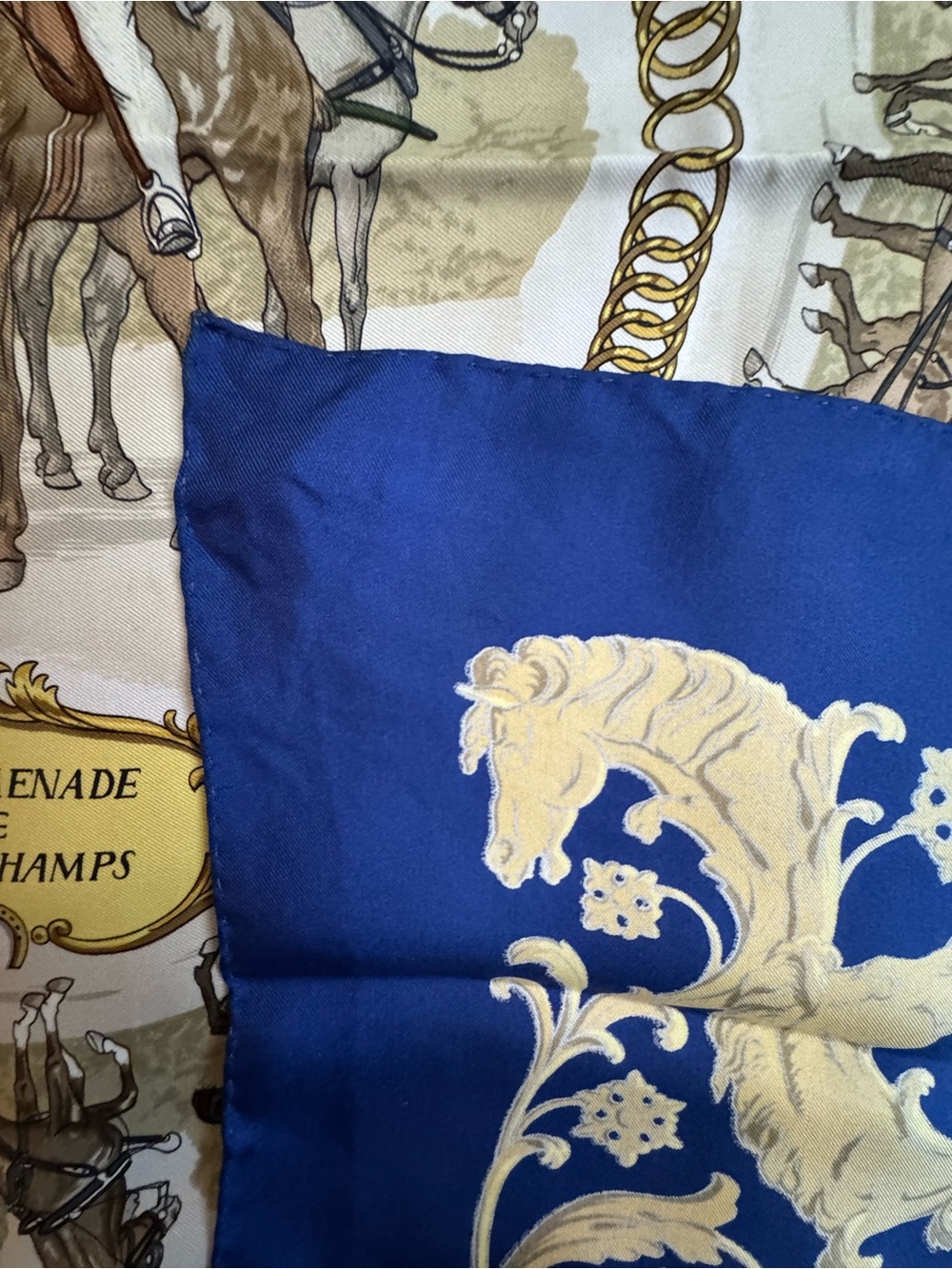 Hermes Silk Scarf 100% Authentic Horse Coach Circle 90cm “Longchamps” Print Blue - Picture 9 of 10